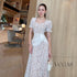 Lacey Square Neck Puff Sleeves Long Dress